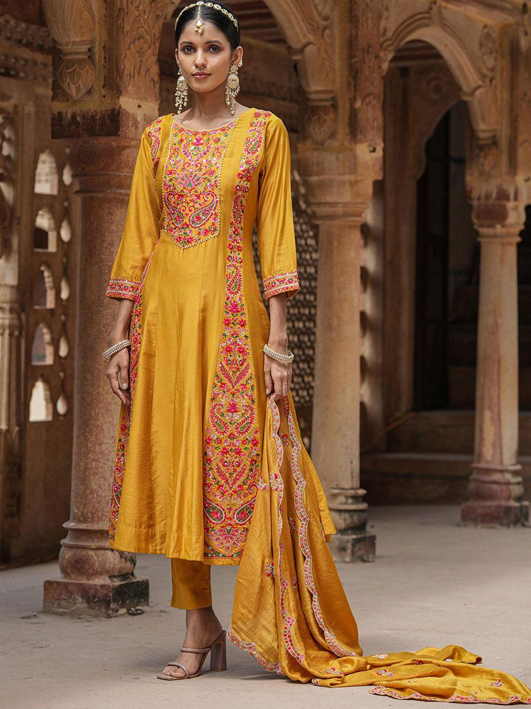 scakhi embroidered panelled sequined anarkali chanderi silk kurta with trousers & dupatta