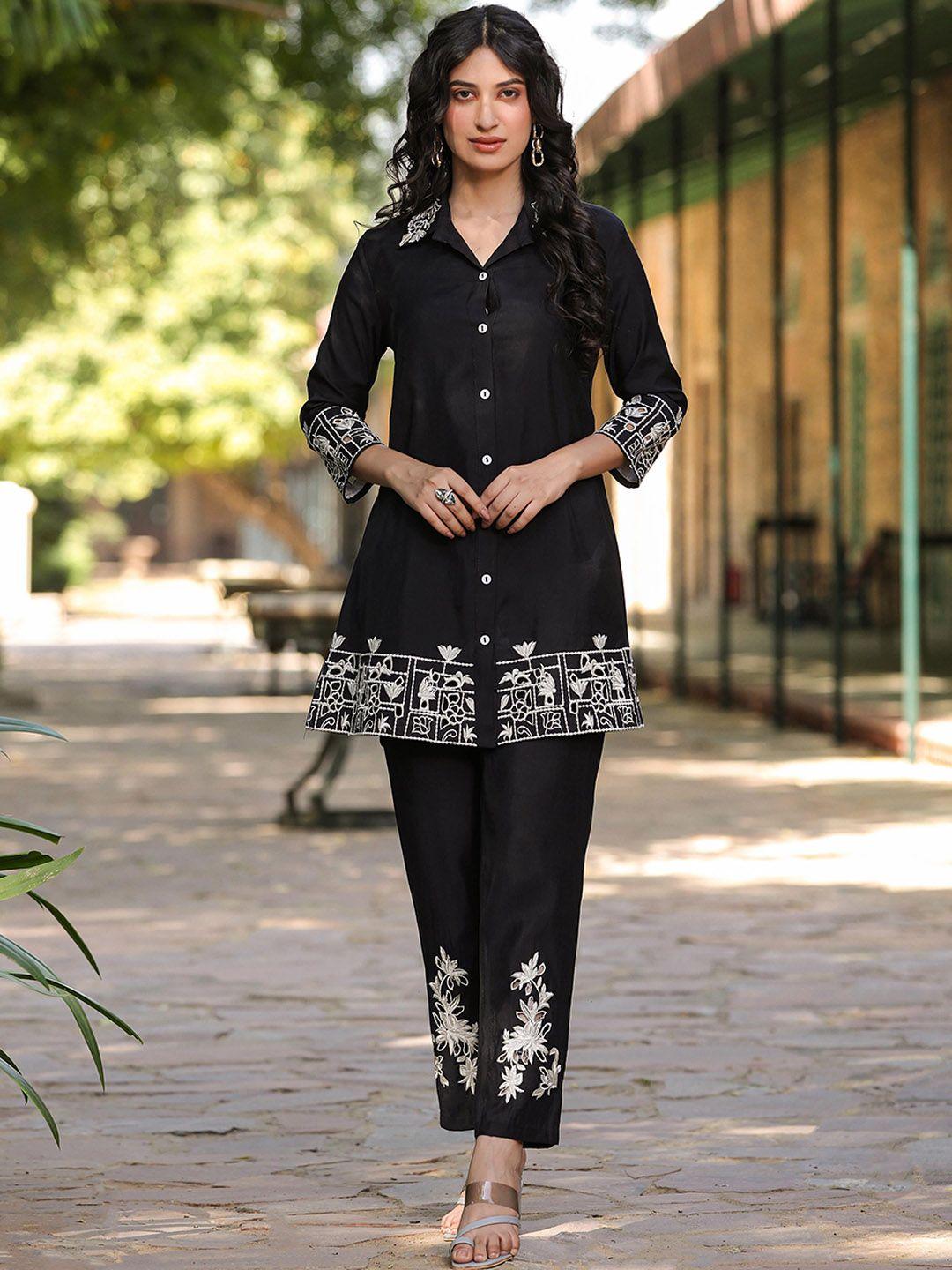 scakhi embroidered shirt collar tunic with trousers co-ords