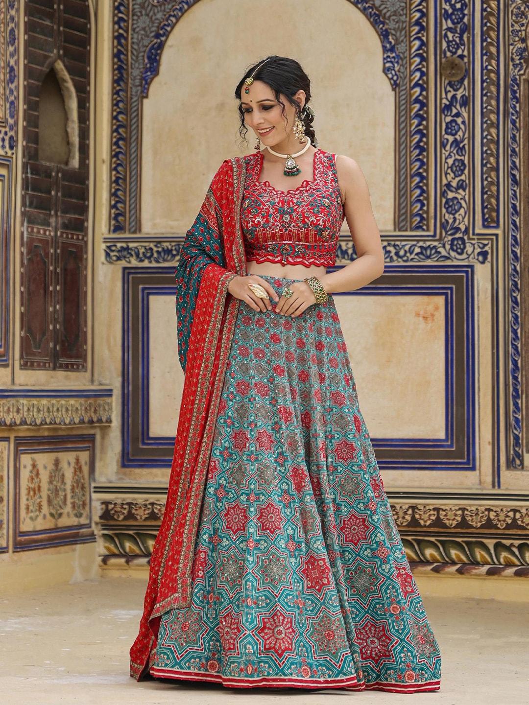 scakhi embroidered thread work ready to wear lehenga & blouse with dupatta