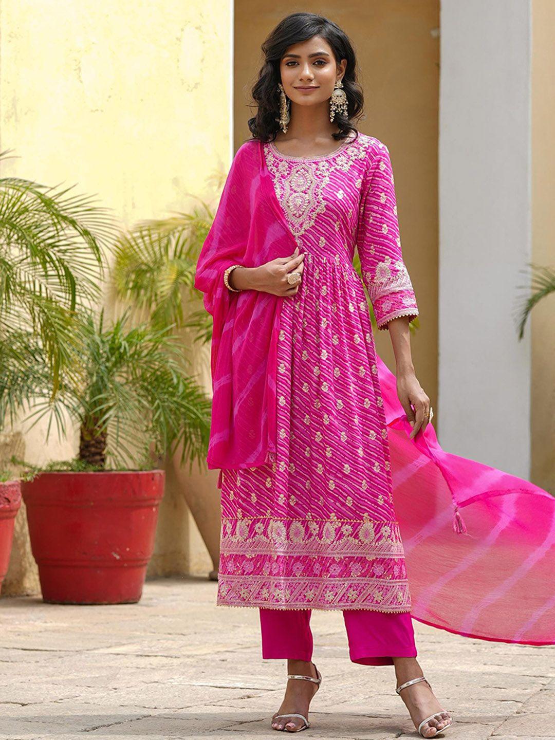 scakhi ethnic motif embroidered a-line kurta with trousers & dupatta