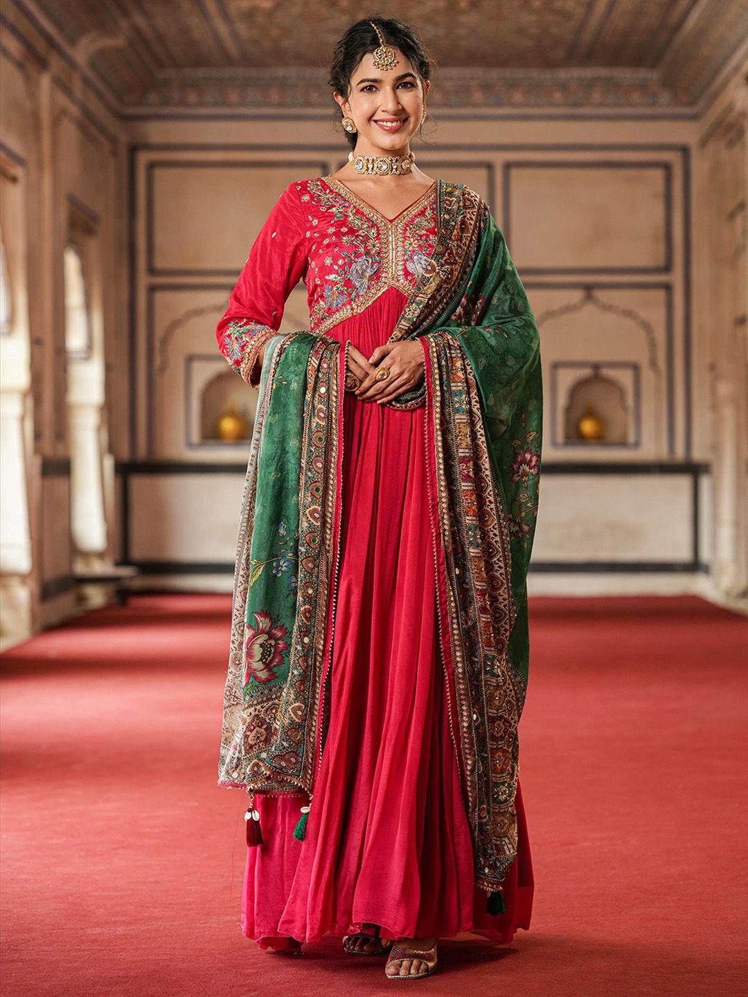 scakhi ethnic motifs embroidered gathered chinon silk empire ethnic dress with dupatta