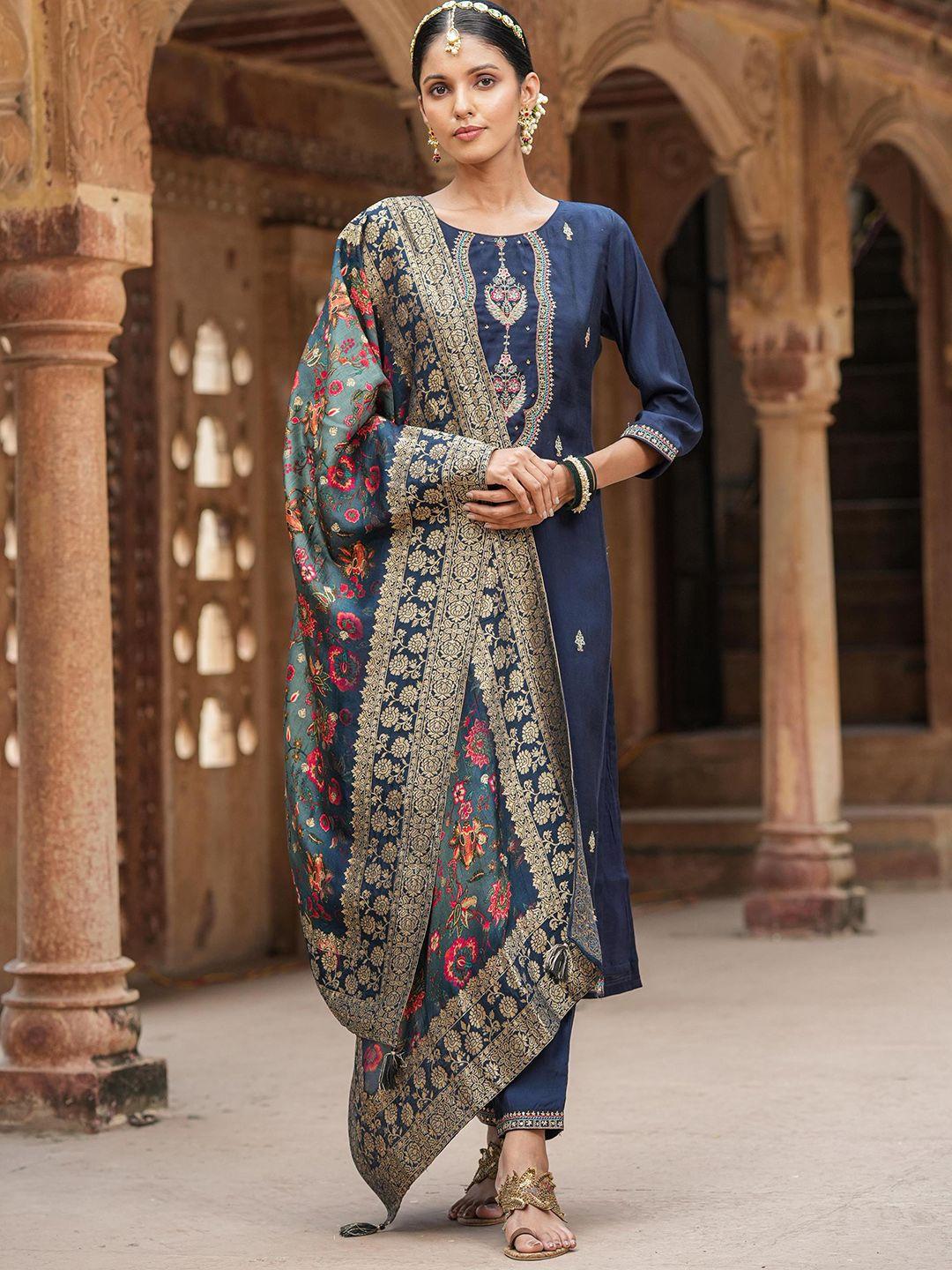 scakhi ethnic motifs embroidered zari jacquard straight kurta with trousers & dupatta