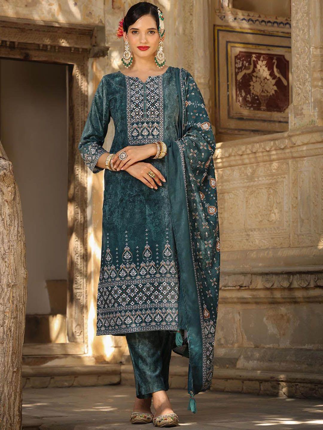 scakhi ethnic motifs printed beads and sequined velvet kurta with trousers & dupatta