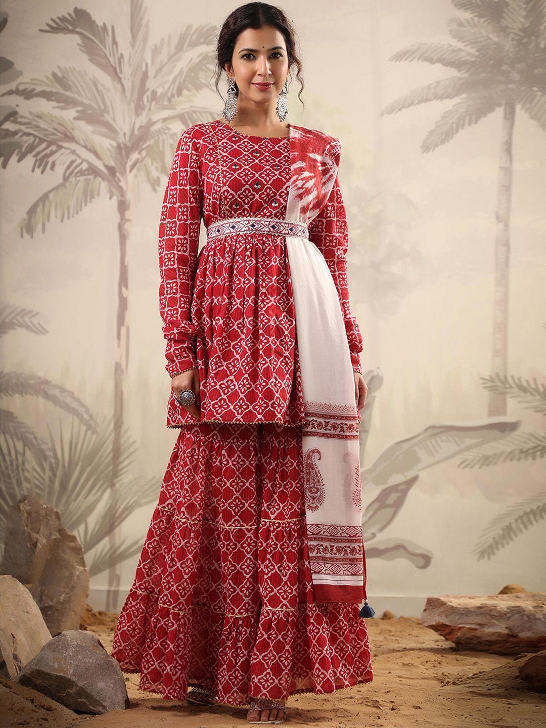 scakhi ethnic motifs printed gotta patti pure cotton kurti with sharara & with dupatta