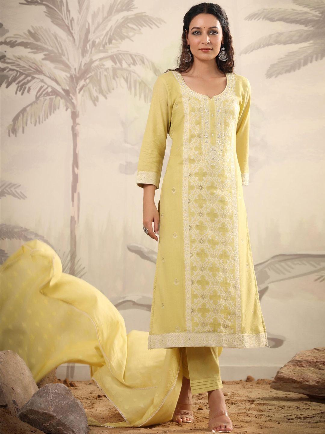 scakhi ethnic motifs printed sequinned pure cotton kurta with trousers & with dupatta