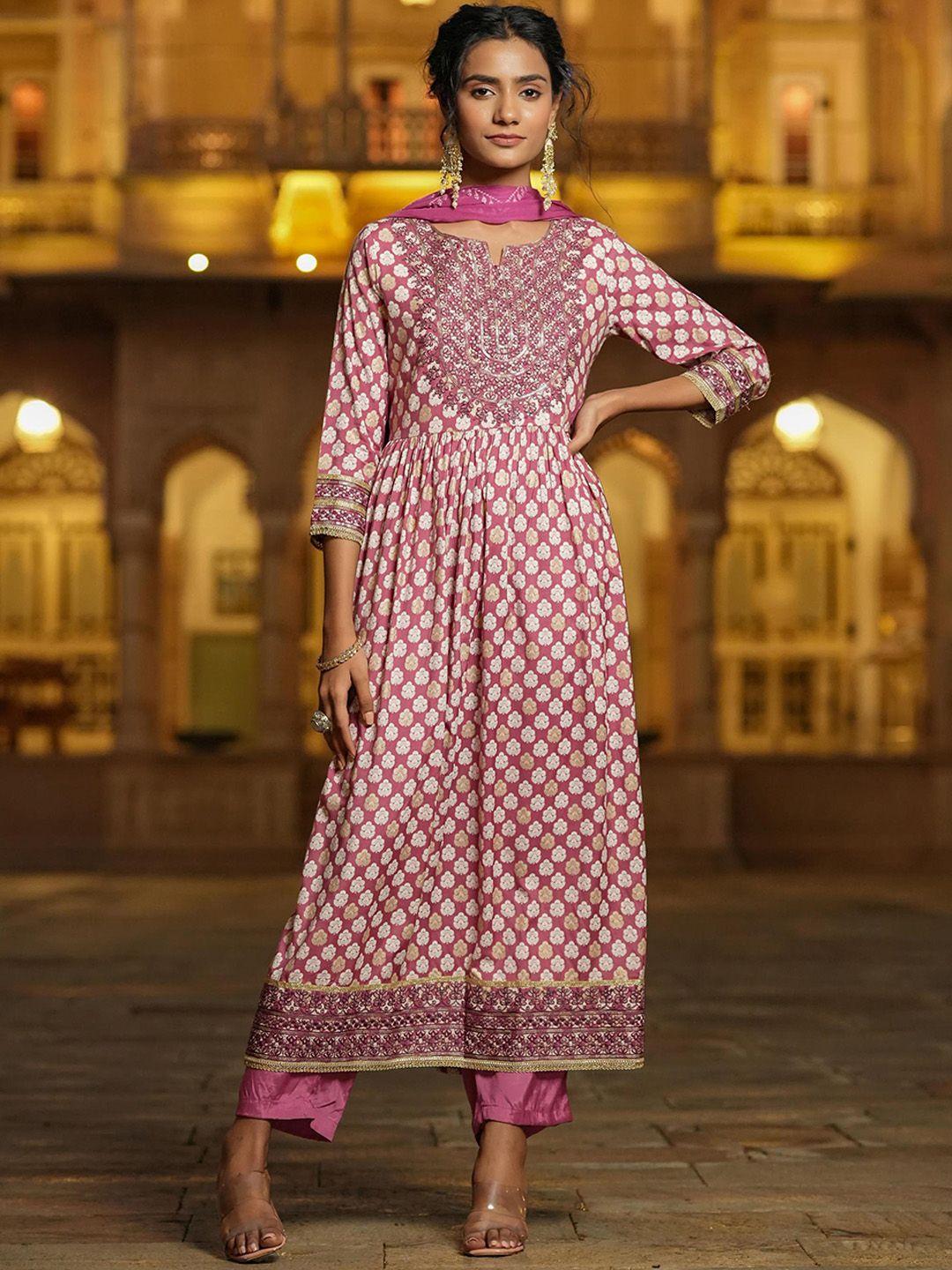 scakhi ethnic motifs printed thread work anarkali kurta with trousers & dupatta