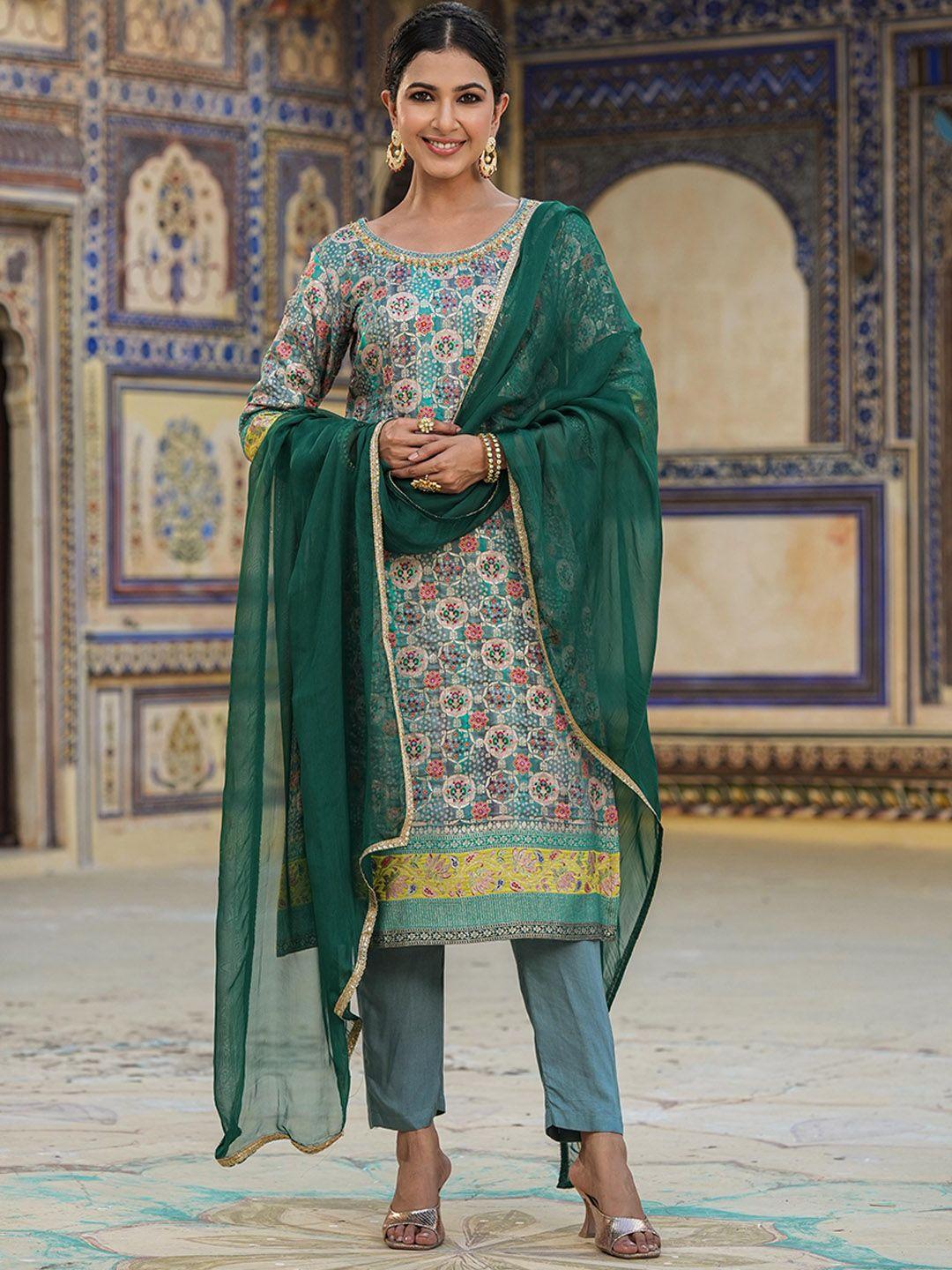 scakhi ethnic motifs printed thread work pure silk straight kurta & trouser with dupatta