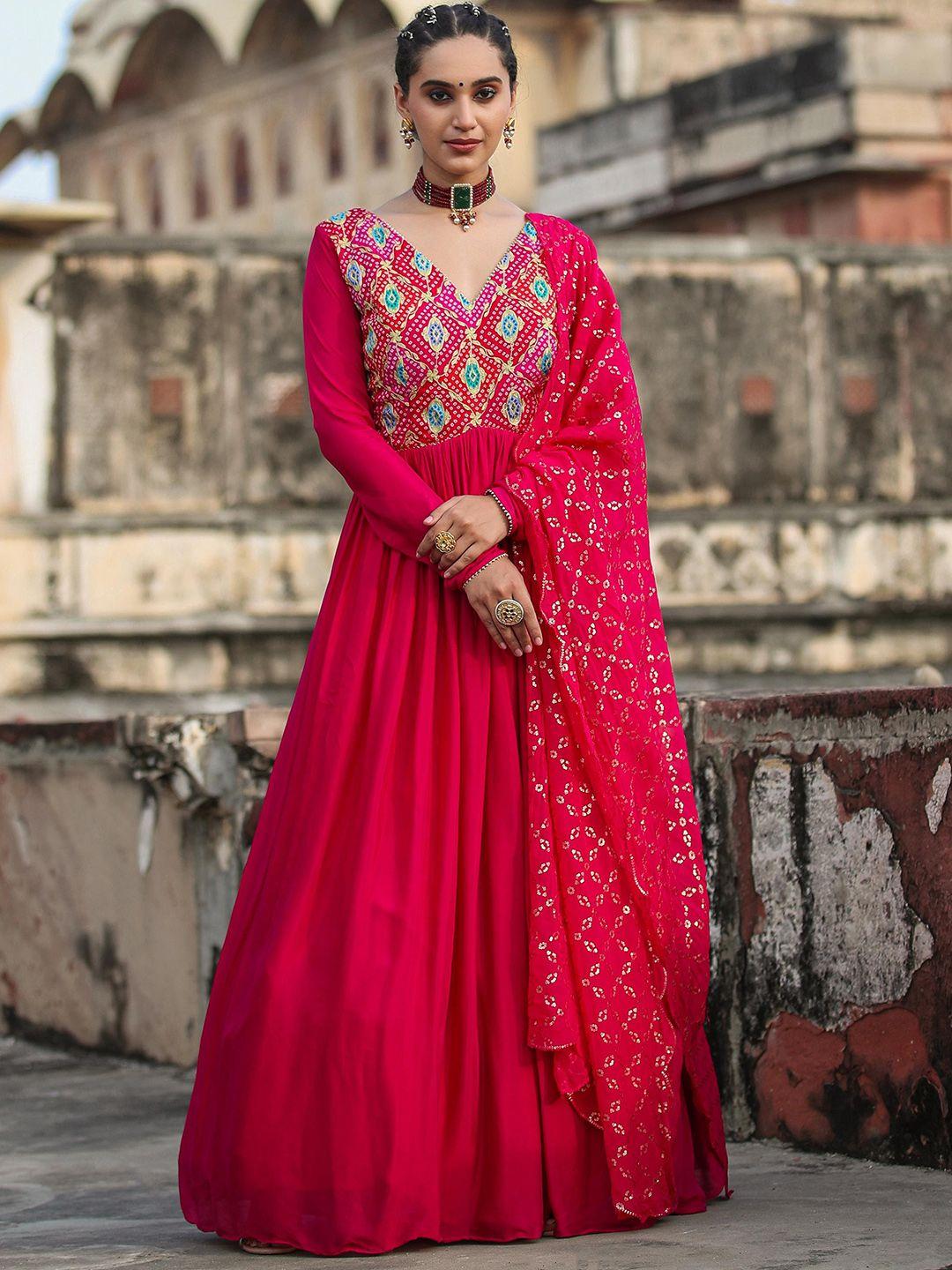 scakhi ethnic motifs printed v-neck gathered zari gown with embellished dupatta