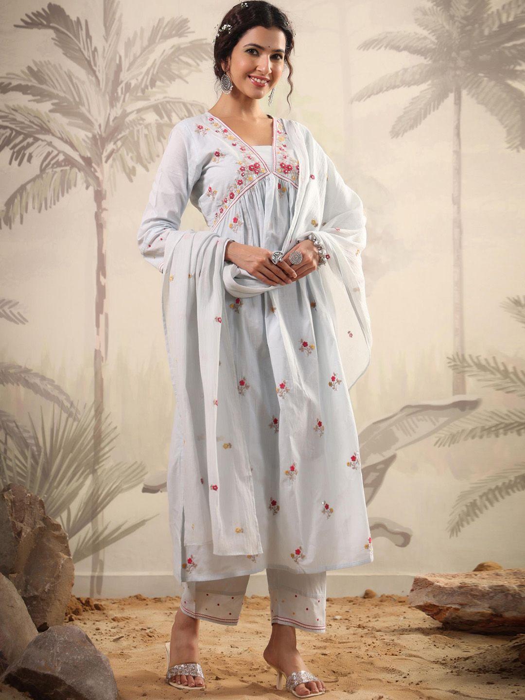 scakhi floral embroidered beads and stones pure cotton kurta with trousers & with dupatta