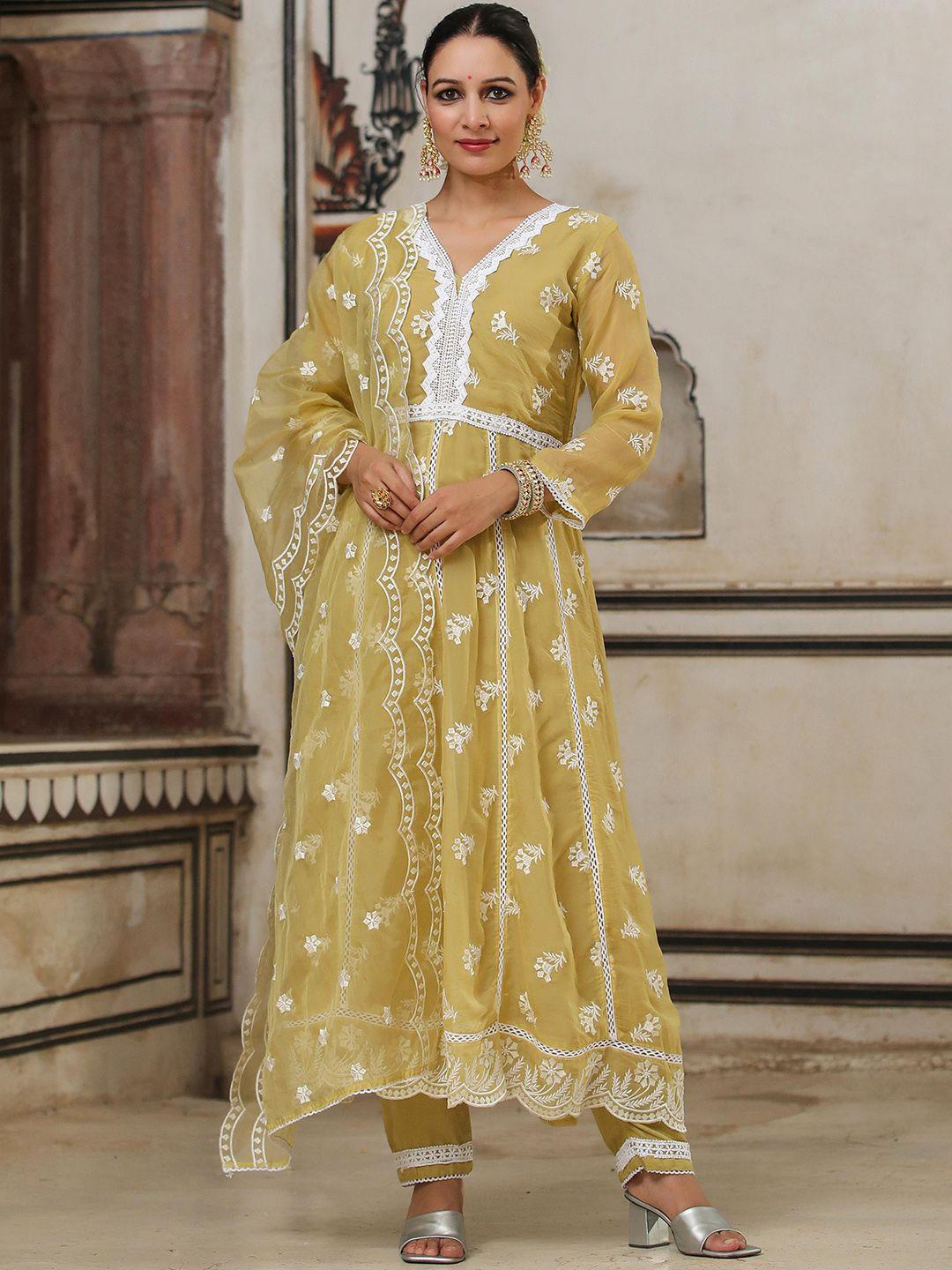 scakhi floral embroidered empire thread work kurta with trousers & dupatta