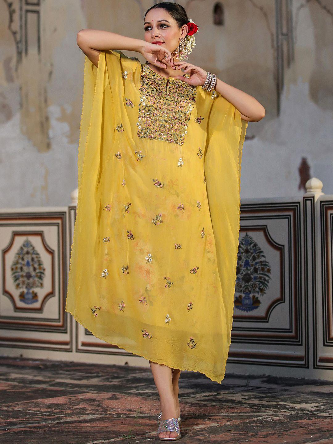 scakhi floral embroidered kaftan midi ethnic dress