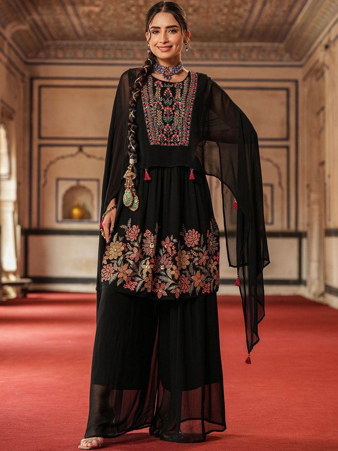 scakhi floral embroidered layered mirror work kurti with palazzos