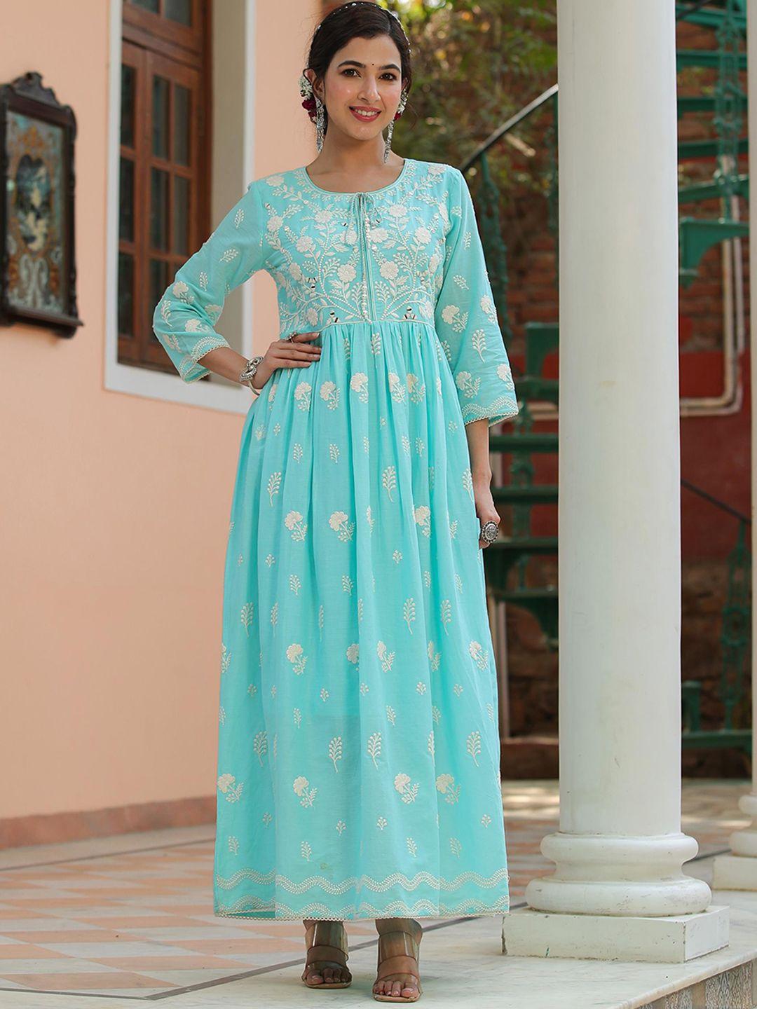 scakhi floral embroidered maxi empire cotton ethnic dress