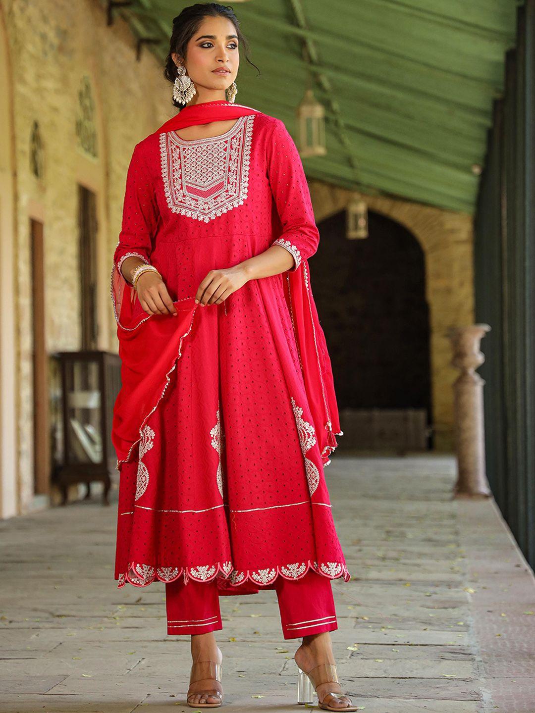 scakhi floral embroidered panelled pure cotton anarkali kurta with trousers & dupatta