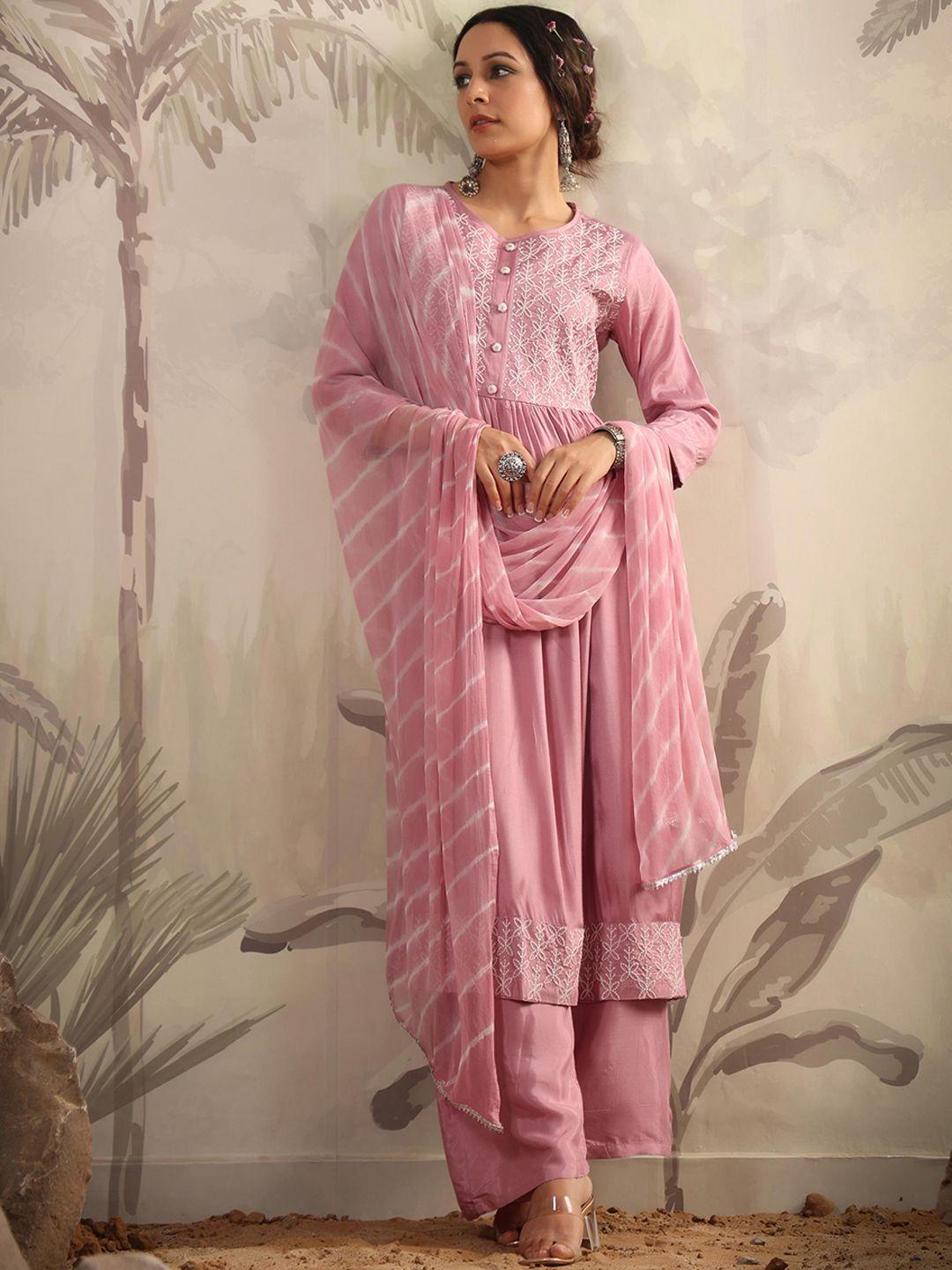 scakhi floral embroidered pleated thread work kurta with palazzos & with dupatta