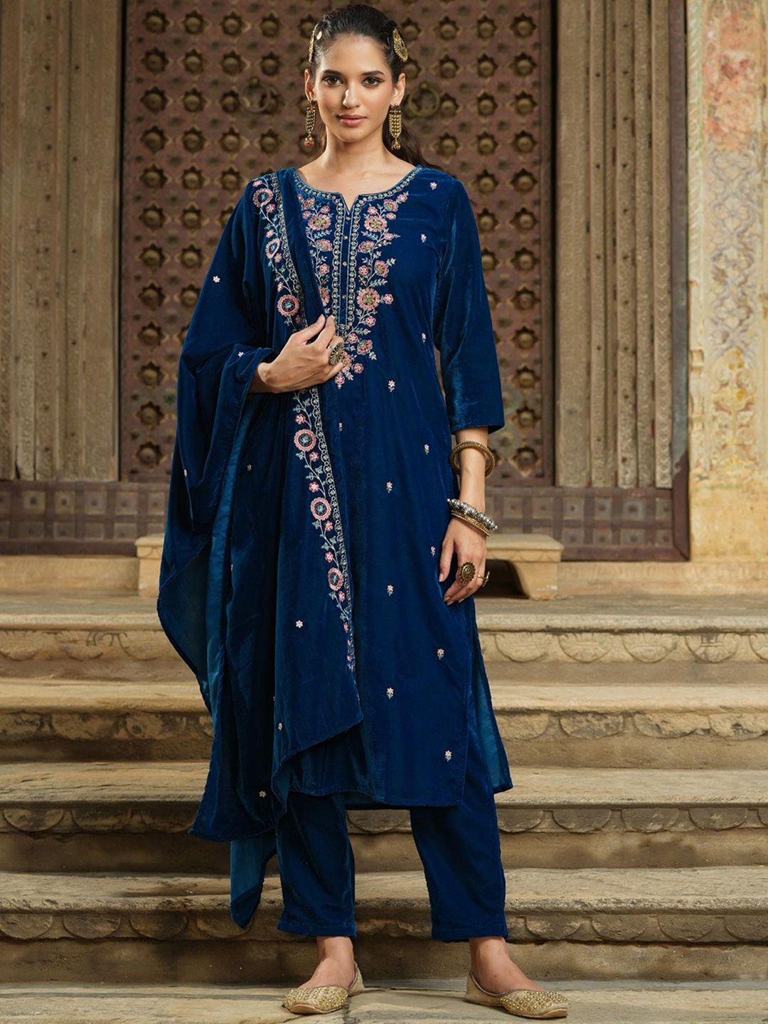 scakhi floral embroidered sequined velvet kurta with trousers & dupatta