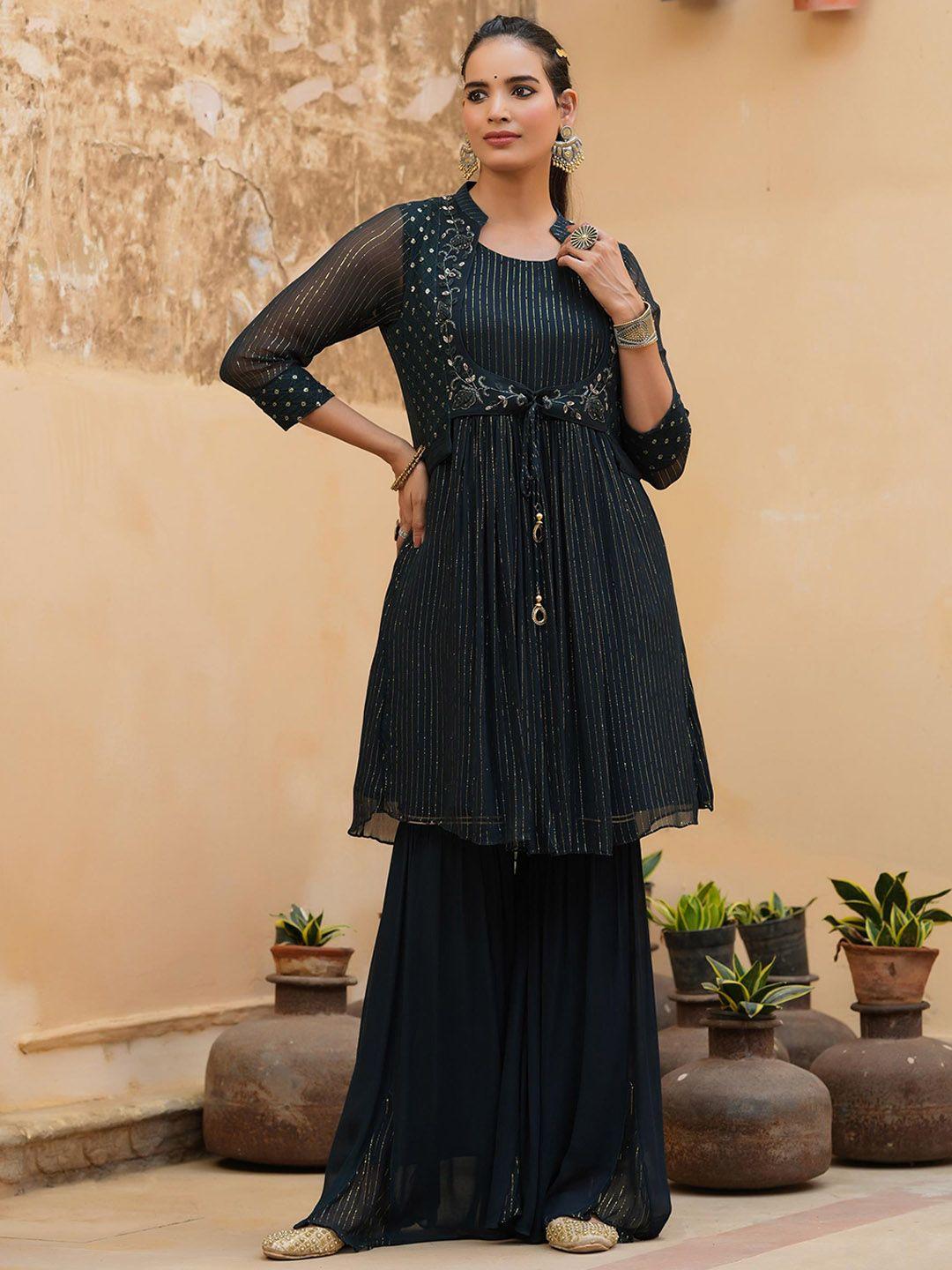 scakhi floral embroidered sequinned layered kurti with sharara & jacket