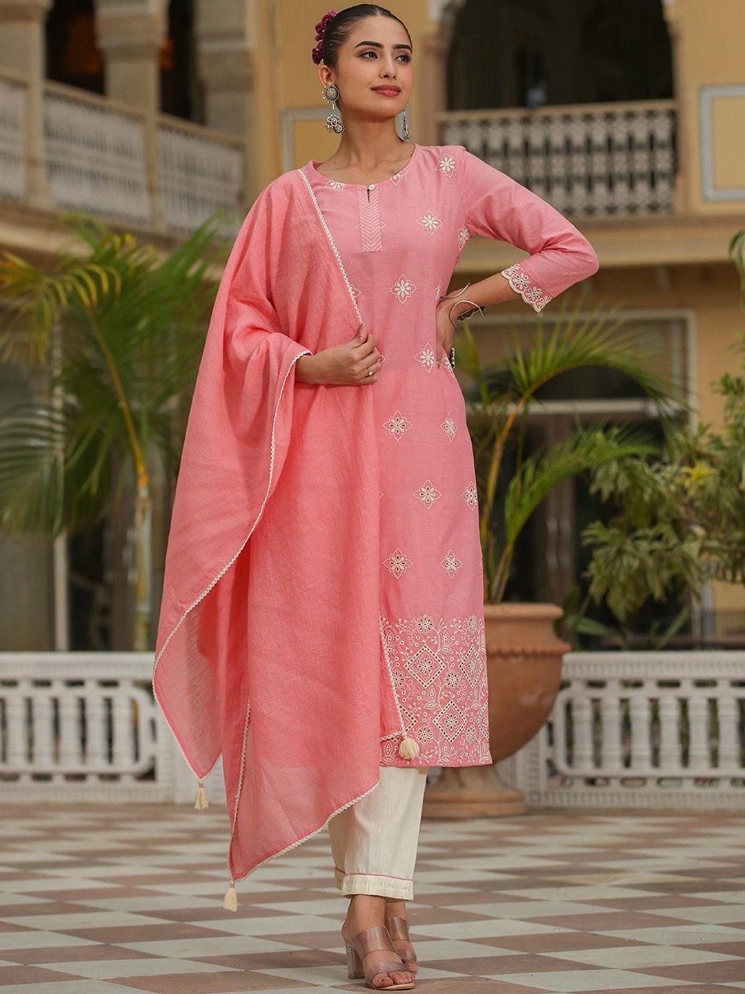 scakhi floral embroidered thread work kurta with trousers & with dupatta