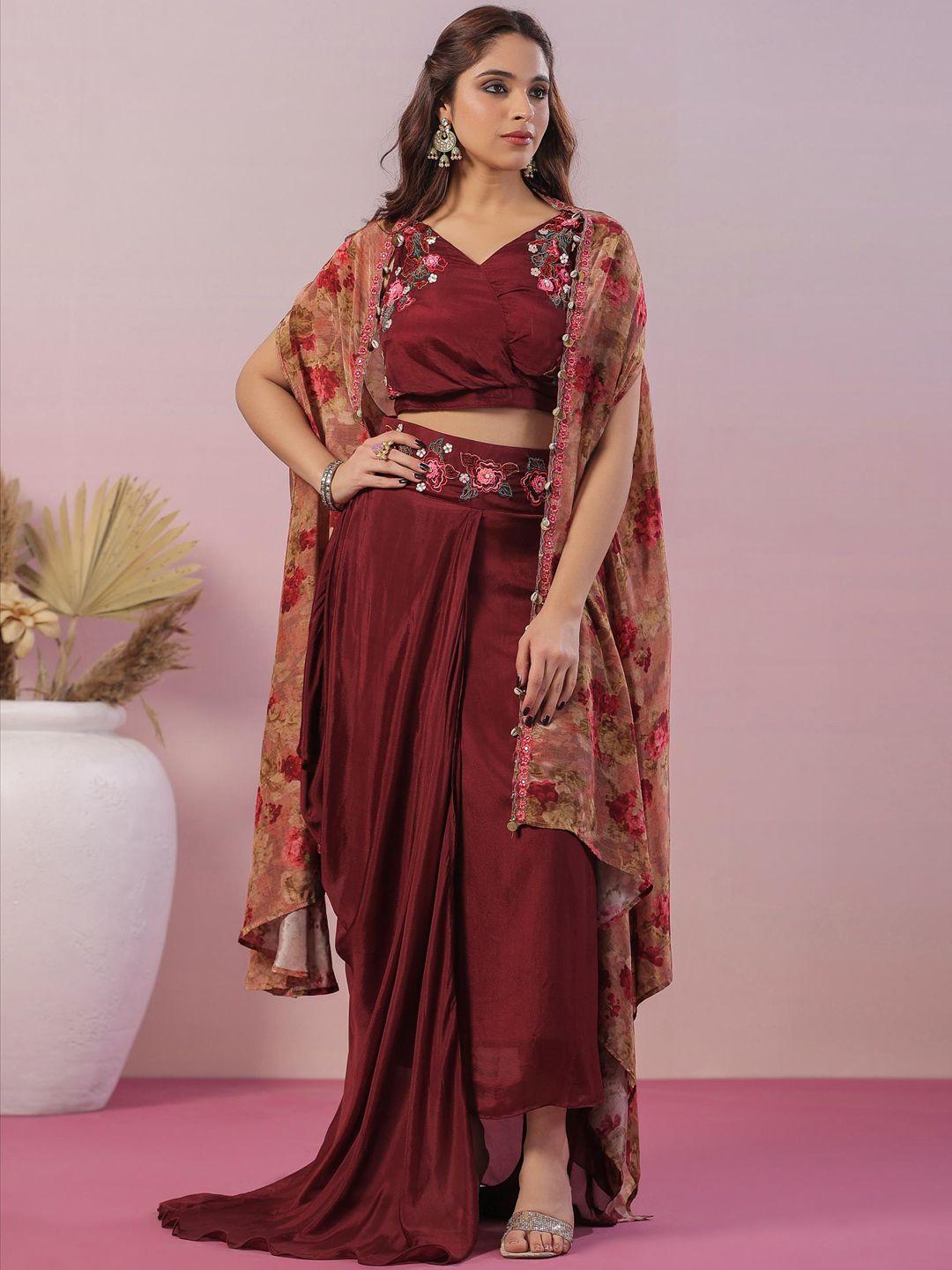 scakhi floral embroidered v-neck pure silk top & printed shrug with mid-rise skirt