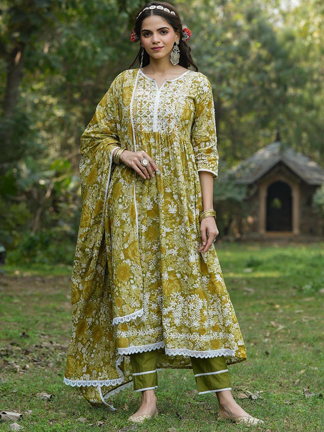 scakhi floral printed & embroidered pleated pure cotton kurta with trousers & dupatta