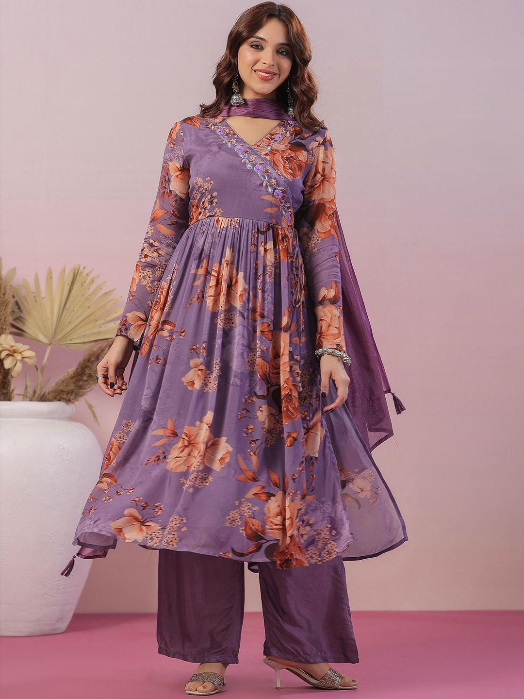 scakhi floral printed angrakha sequinned silk crepe kurta with trousers & with dupatta