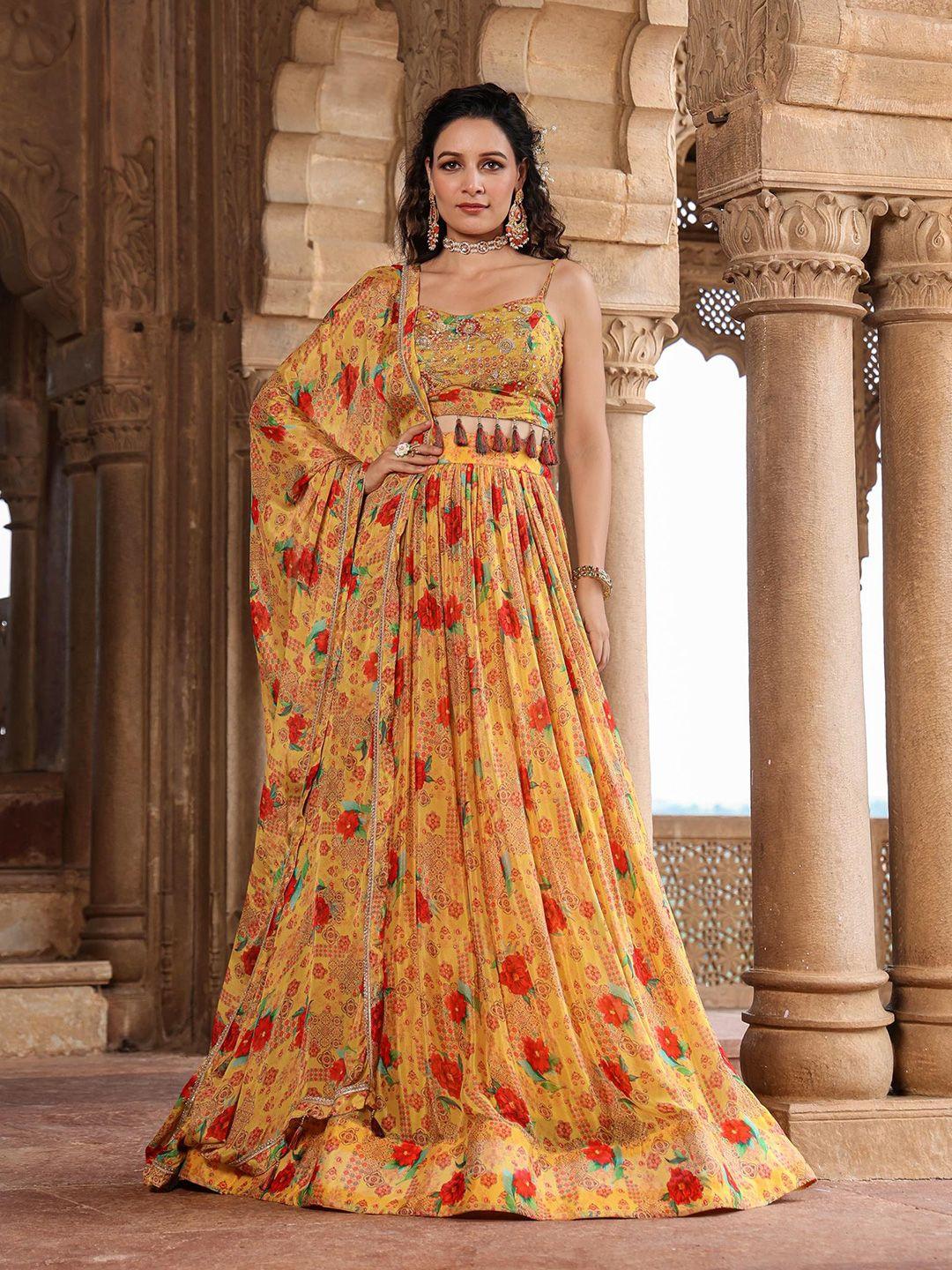 scakhi floral printed beads and stones ready to wear lehenga & blouse dupatta