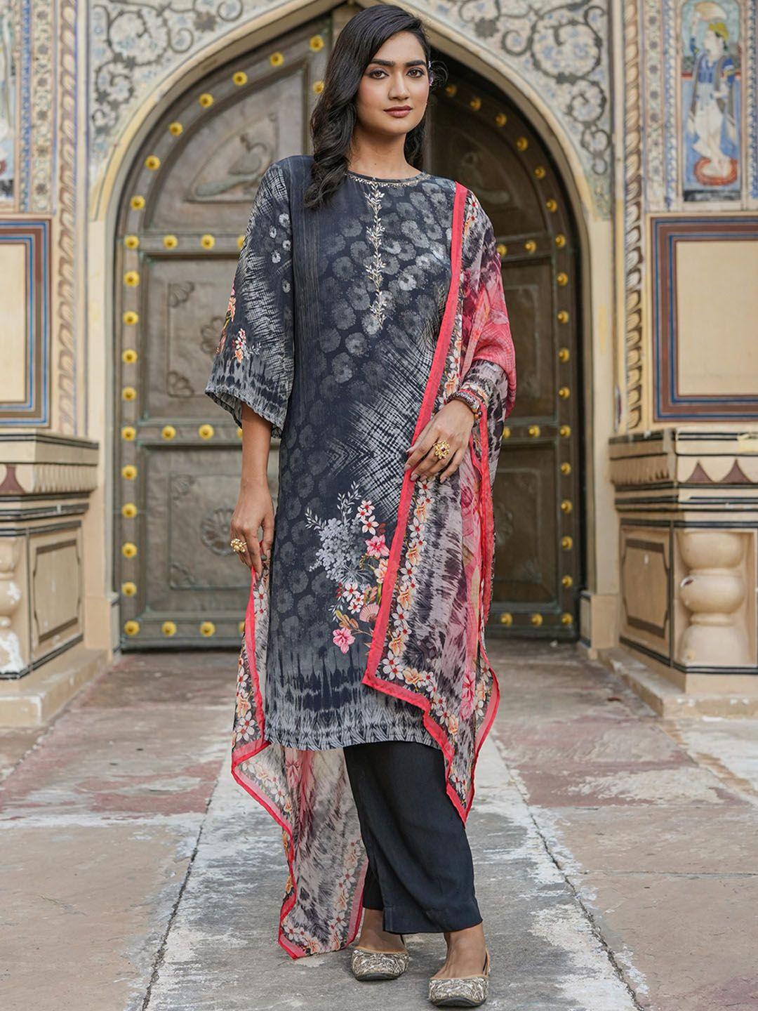 scakhi floral printed beads flared sleeves a-line kurta with trousers & dupatta
