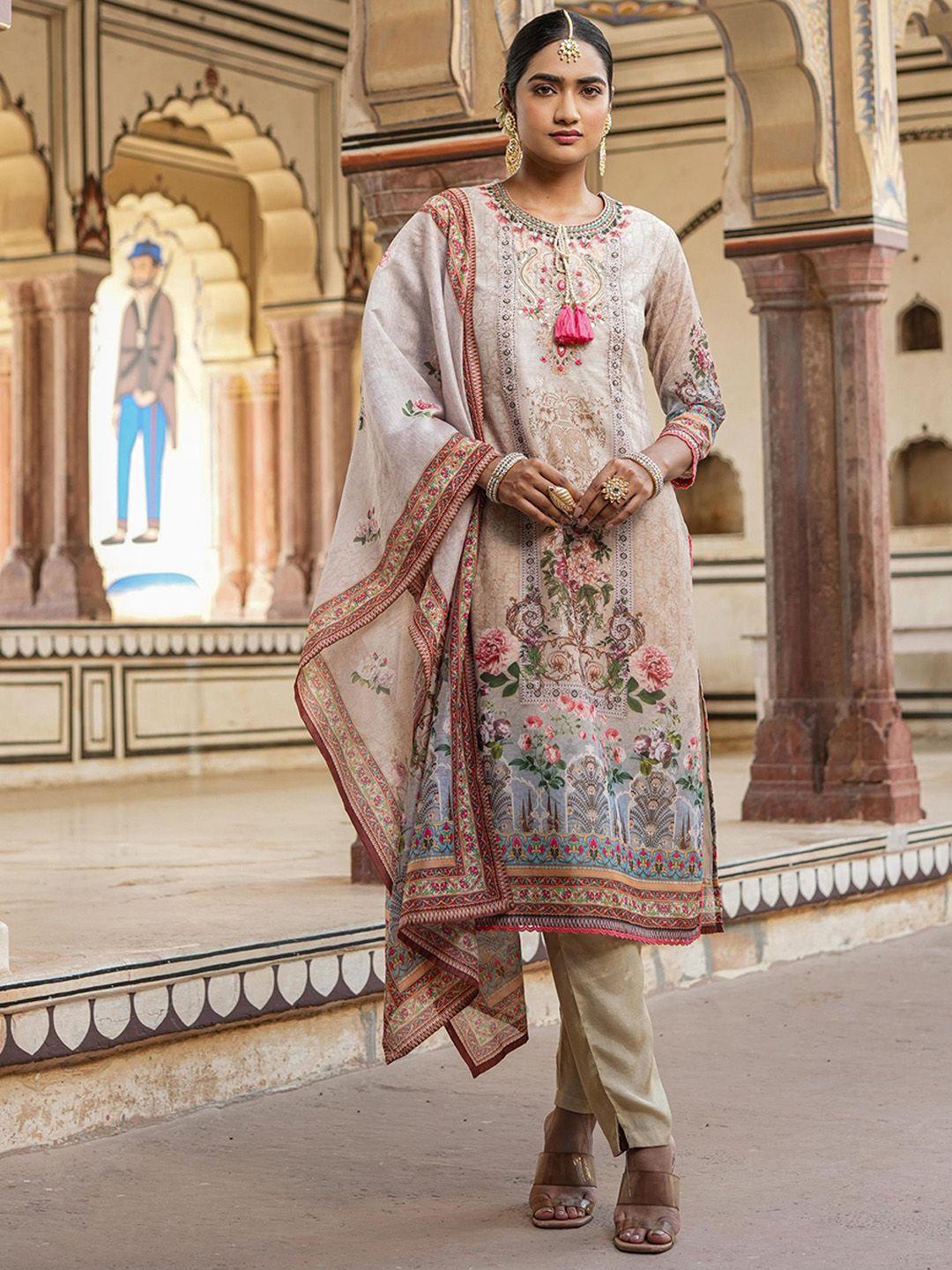 scakhi floral printed chanderi silk pakistani style kurta with trousers & dupatta