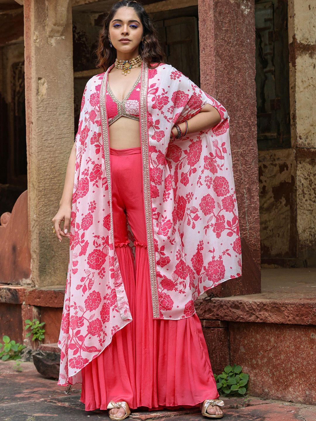 scakhi floral printed choli & embellished asymmetric cape with flared palazzo co-ords