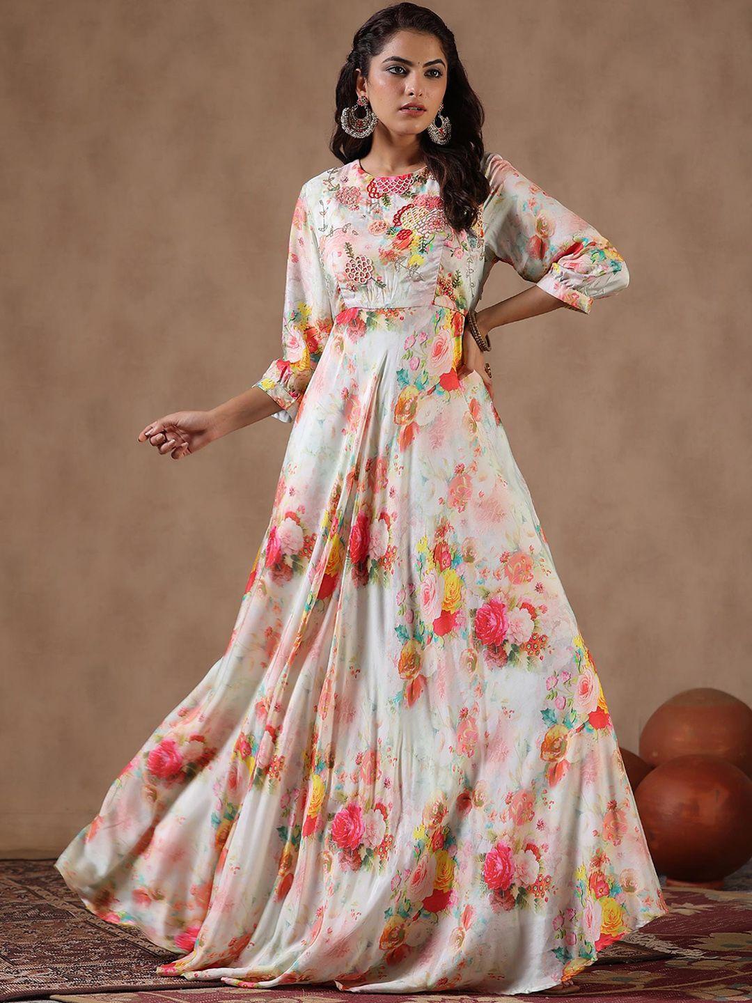 scakhi floral printed cuffed sleeves embellished satin silk empire ethnic dress