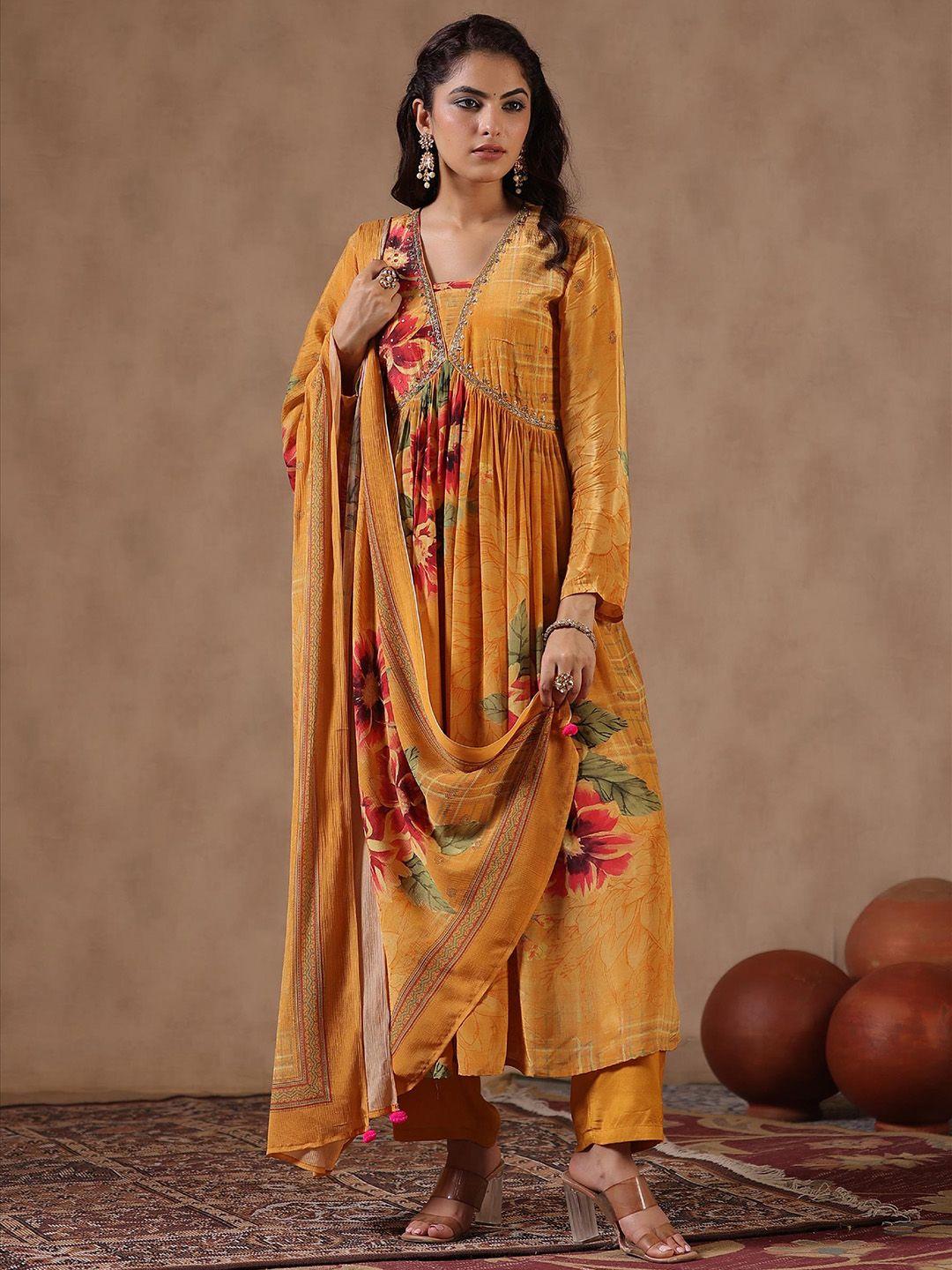 scakhi floral printed empire beads and stones silk crepe kurta & trousers with dupatta