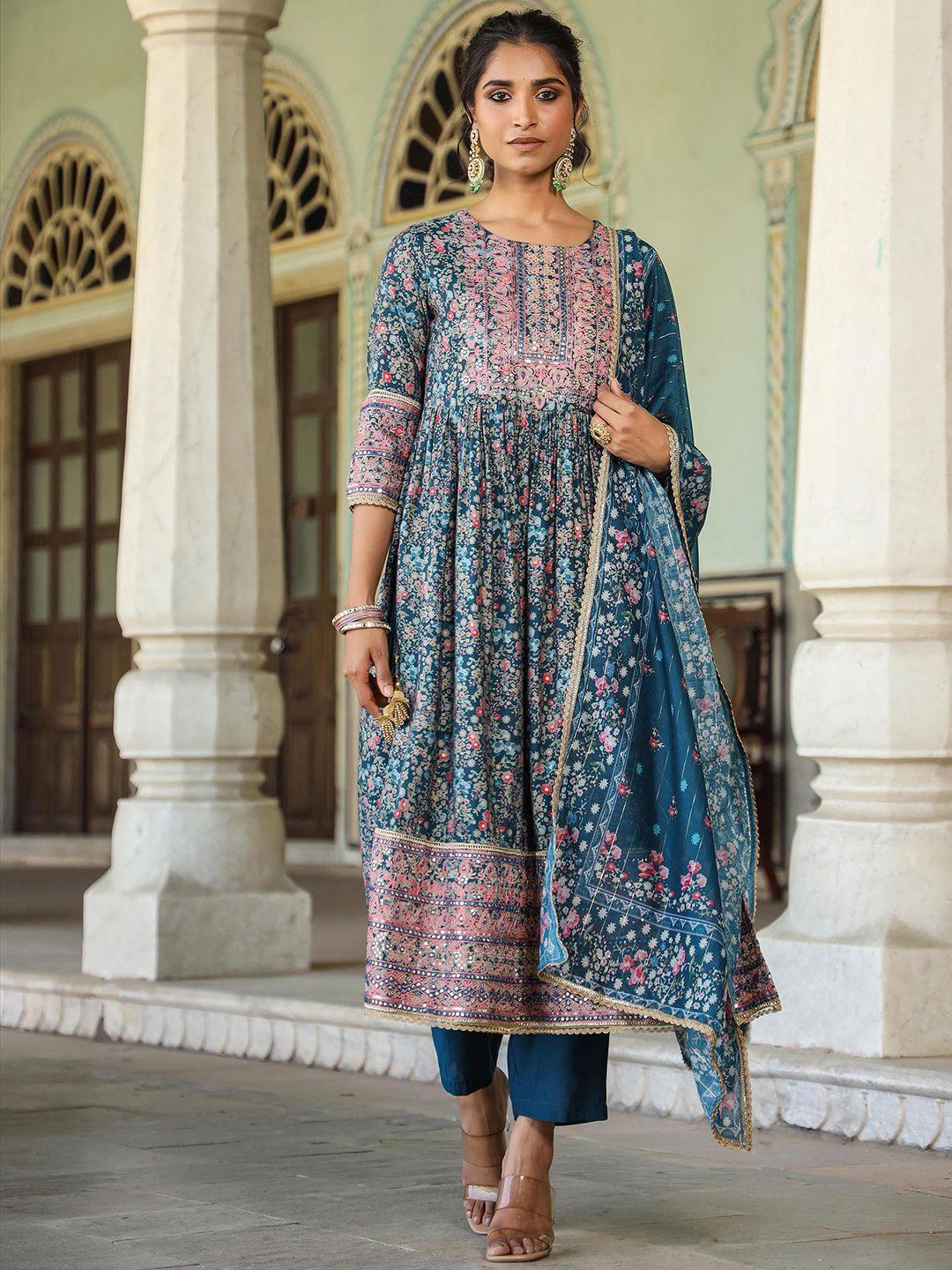 scakhi floral printed empire mirror work chanderi silk kurta with trousers & dupatta