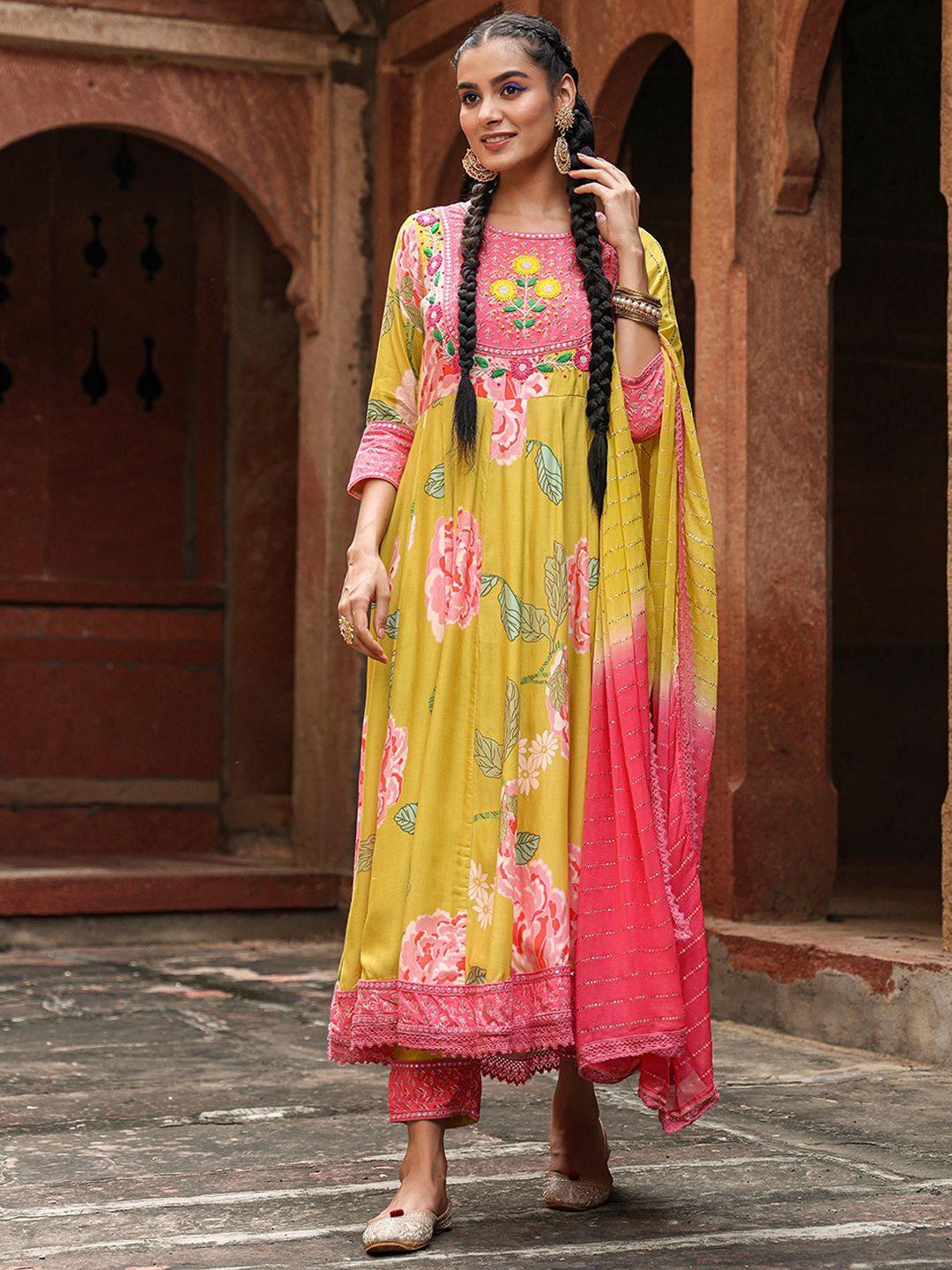 scakhi floral printed empire thread work kurta with trousers & dupatta