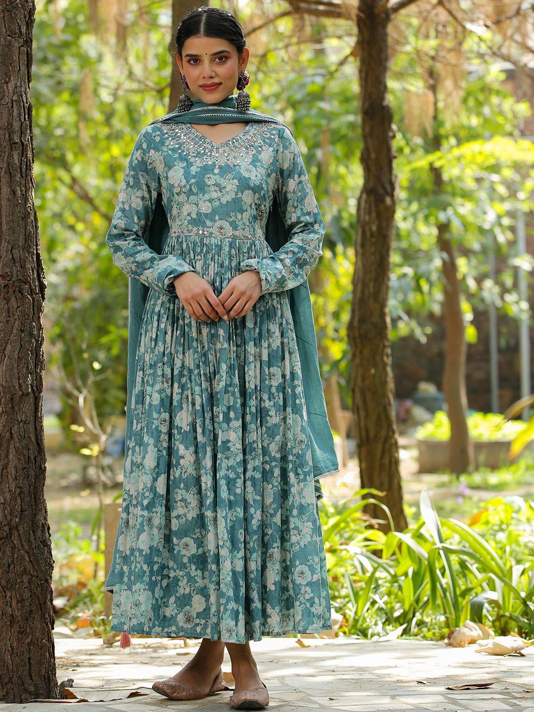 scakhi floral printed fit & flare cotton dress with dupatta