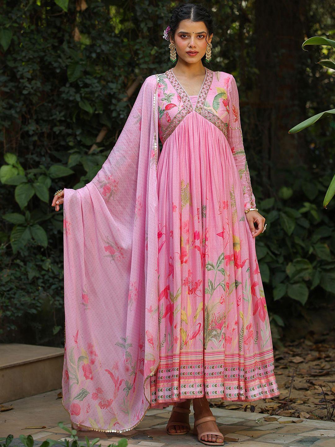 scakhi floral printed fit & flared pure silk maxi ethnic dress with dupatta