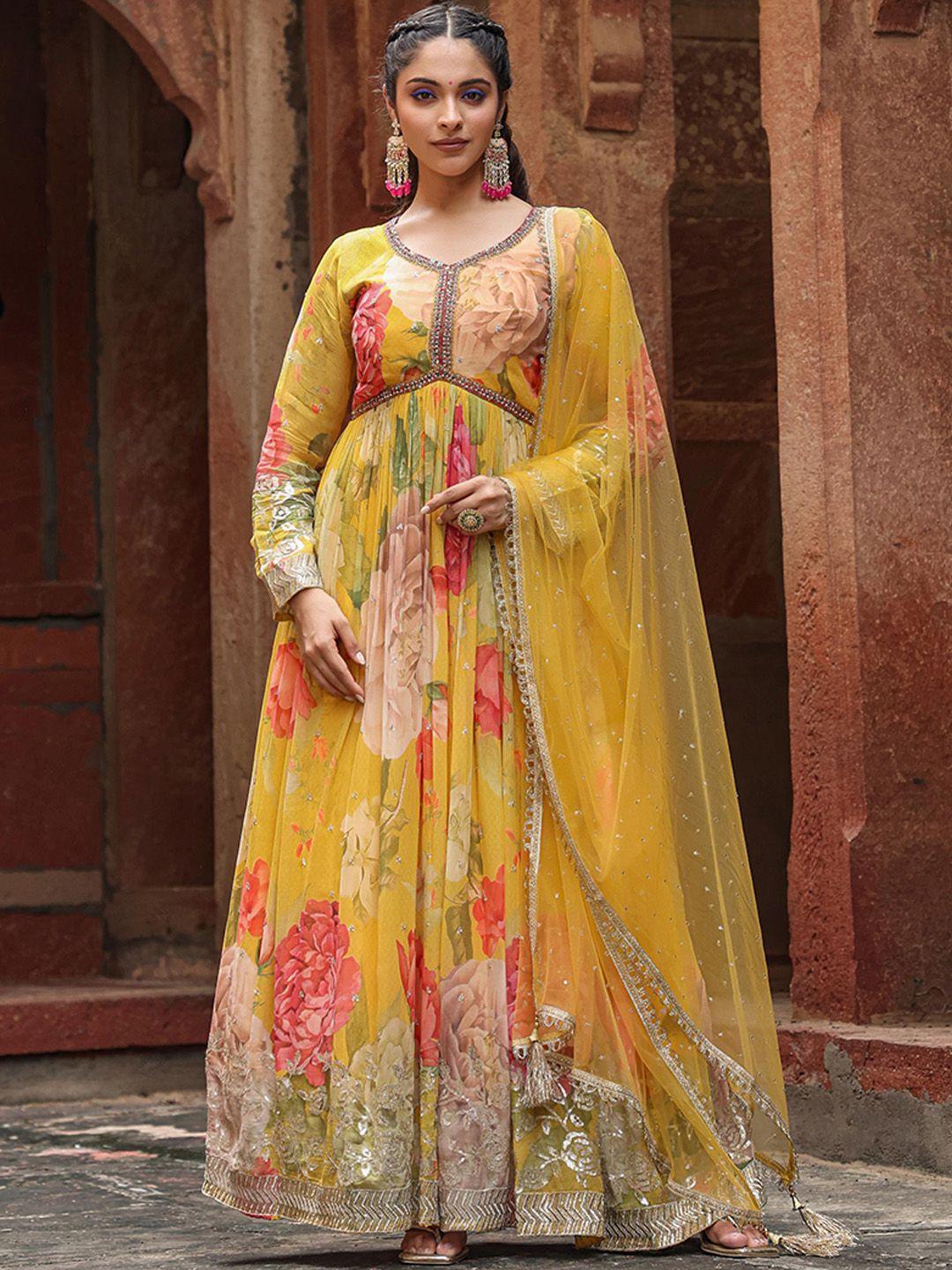 scakhi floral printed gathered fit and flare ethnic dress