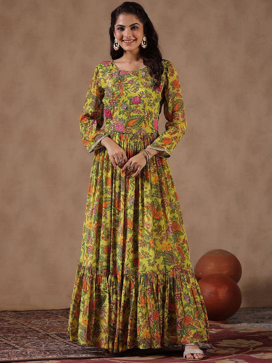 scakhi floral printed gathered gown maxi length ethnic dress