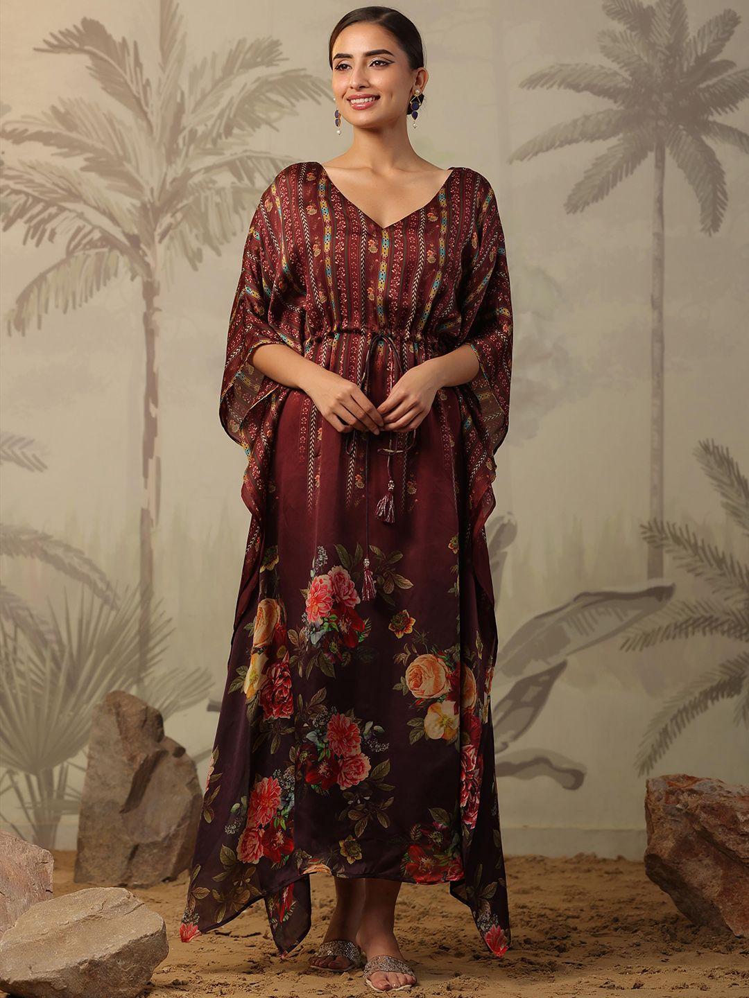 scakhi floral printed gathered or pleated kaftan maxi ethnic dresses