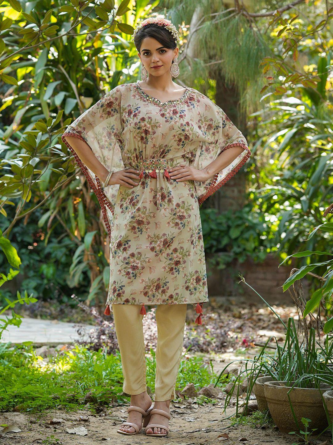 scakhi floral printed kaftan tunic with trousers