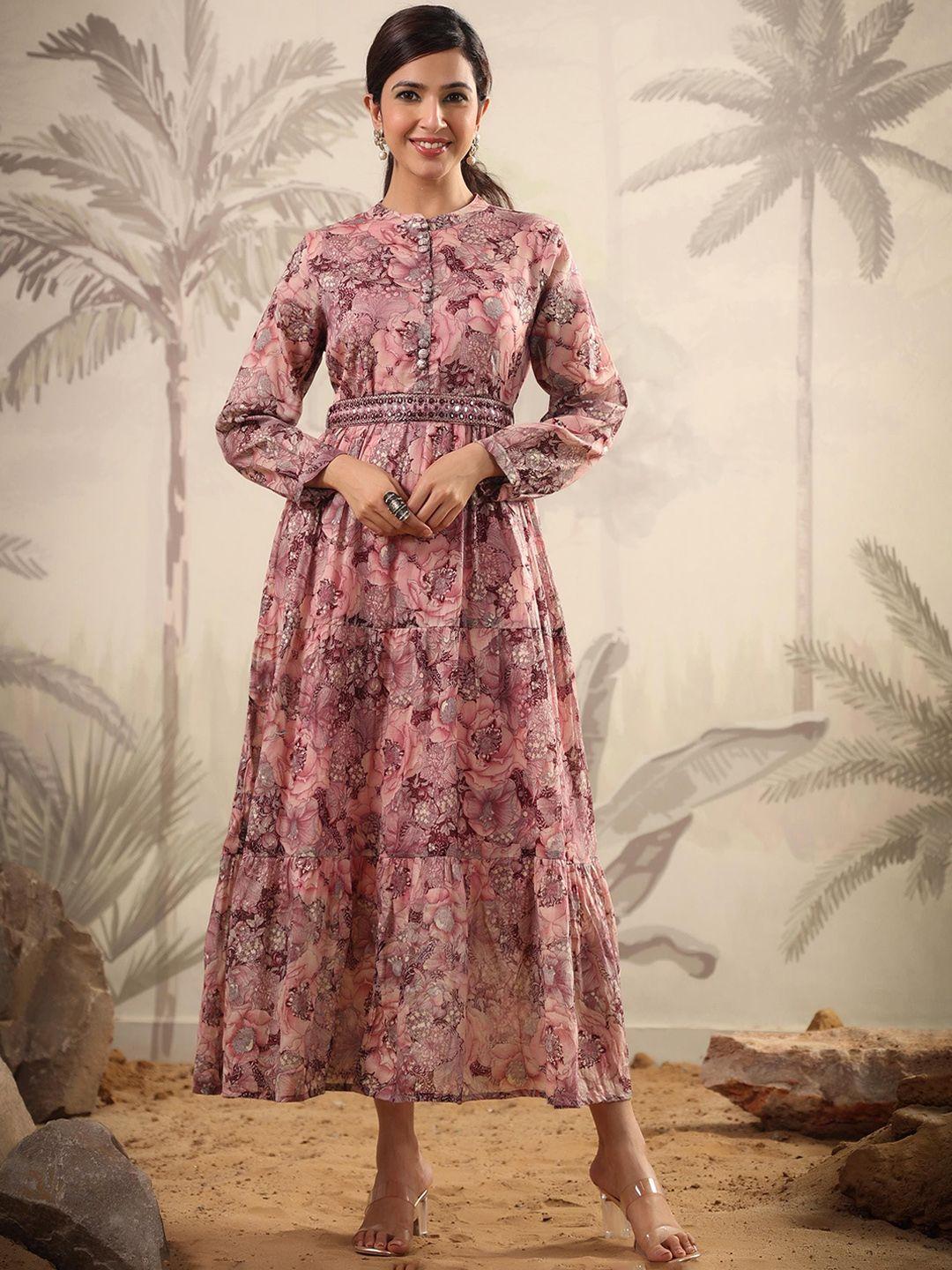 scakhi floral printed mirror work cotton tiered ethnic dress with belt