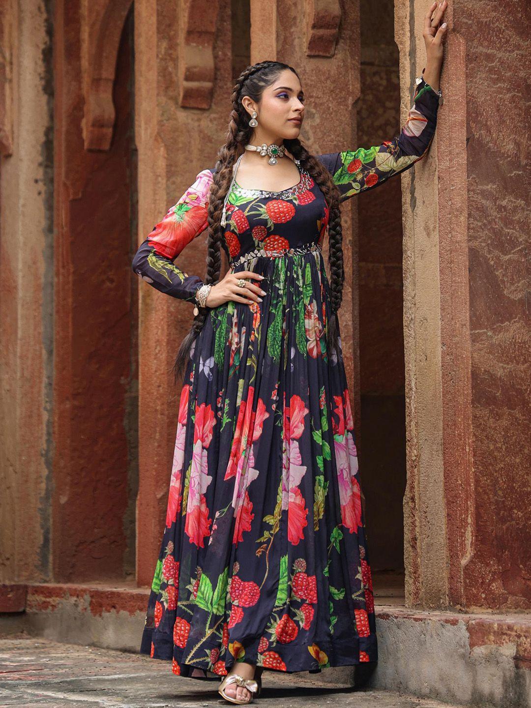 scakhi floral printed mirror work gown maxi ethnic dress