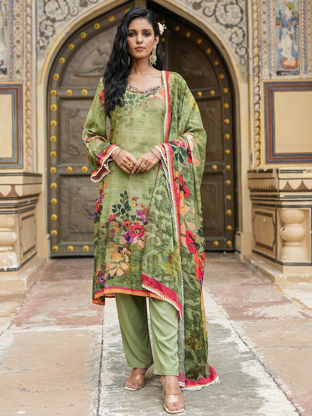 scakhi floral printed mirror work kurta & trousers with dupatta