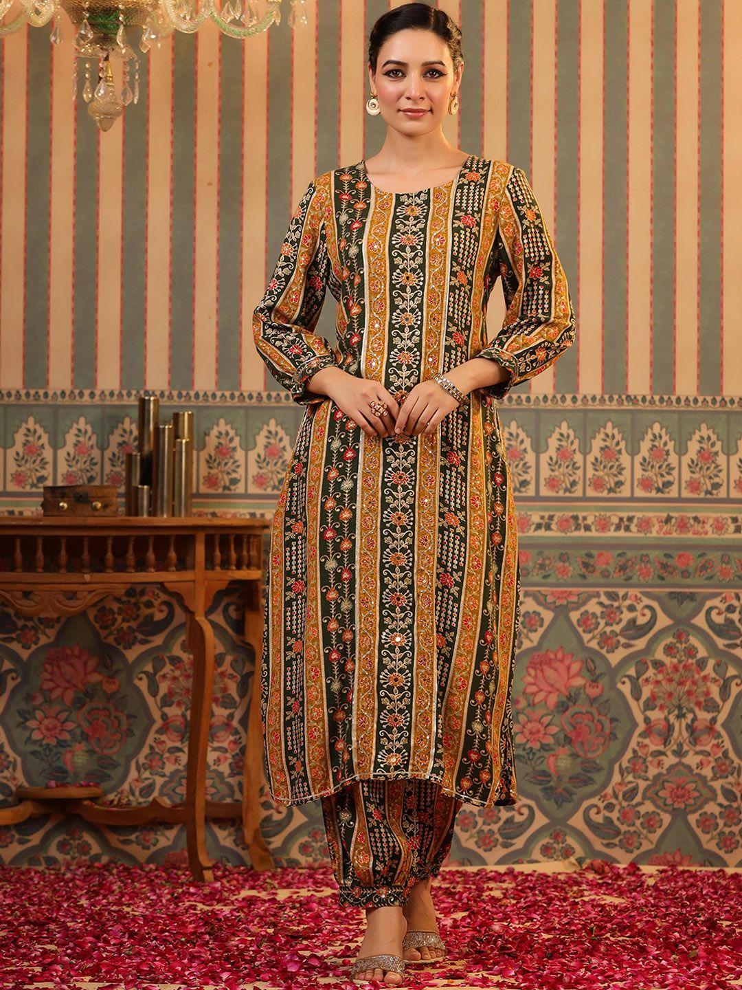 scakhi floral printed mirror work kurta with patiala