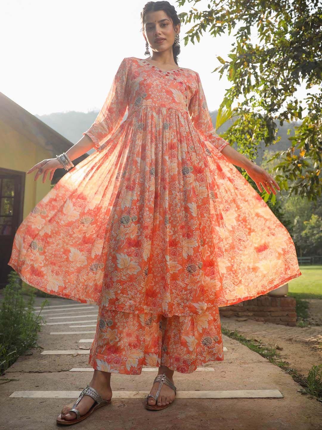 scakhi floral printed pleated kurta with palazzos