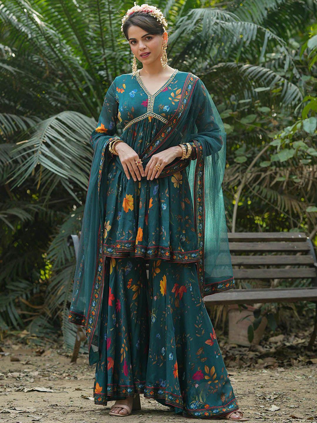 scakhi floral printed pleated kurti with sharara & dupatta