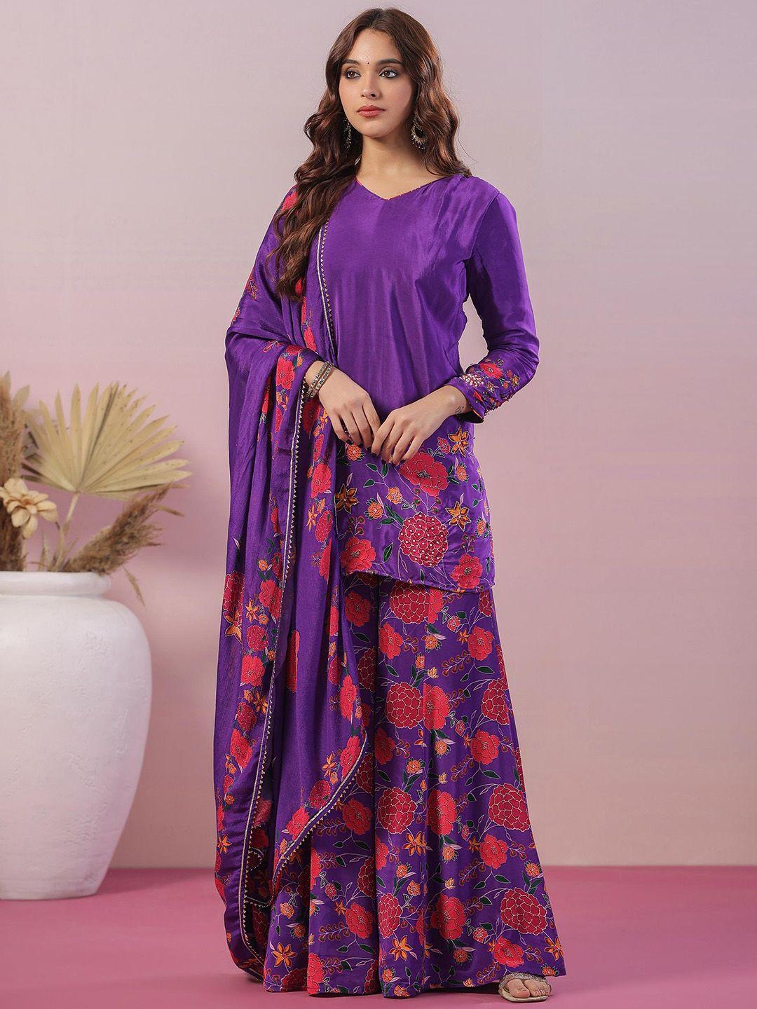 scakhi floral printed regular beads and stones silk crepe kurti with palazzos & dupatta