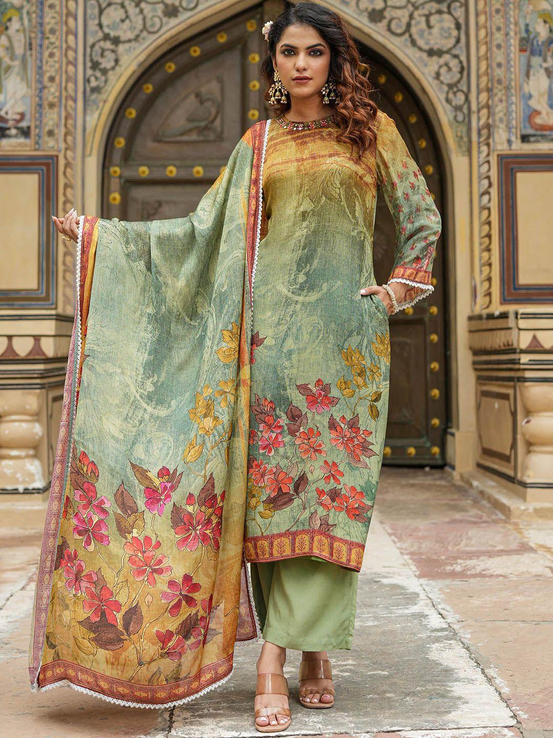 scakhi floral printed regular mirror work silk crepe kurta with trousers & dupatta