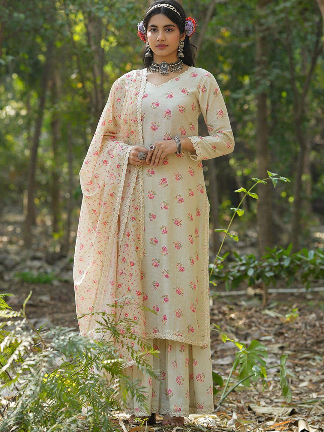 scakhi floral printed regular sequinned linen kurta with sharara & with dupatta