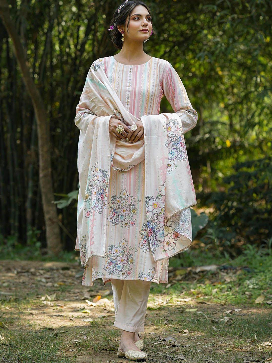 scakhi floral printed sequinned kurta with trousers & dupatta