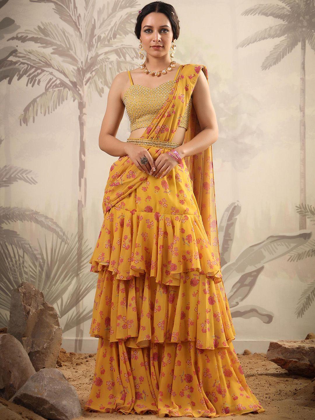 scakhi floral printed sequinned pure georgette ready to wear saree with stitched blouse